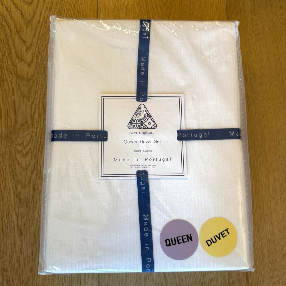 Alda Texteis Fine Linen Portugal White Textured Cotton Queen Duvet Cover Set 3pc